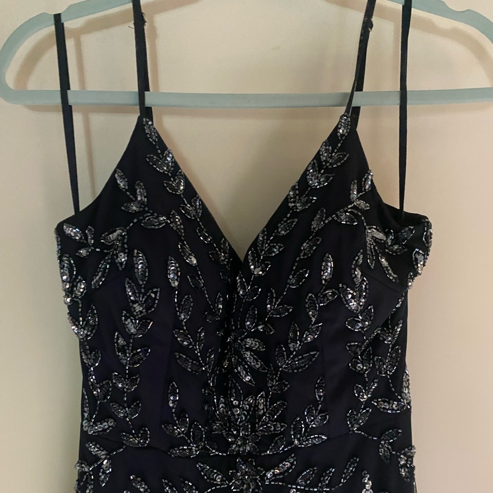 MARINA Midnight Blue Gown with Silver Beaded Leaf Design